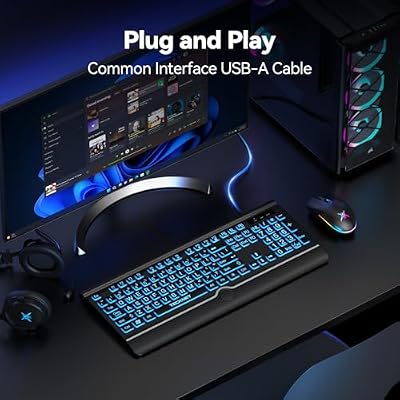 TECKNET Large Print Backlit Keyboard, Wired USB-A Computer Keyboard with Wrist Rest, 7-Color Backlit, Oversized Letter Keys Easy to See, Plug-and-Play, Silent, Light Up Keyboard for Windows/PC/Laptop