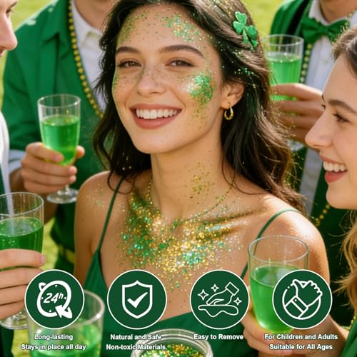 St Patricks Day Body Glitter Stick, Waterproof Halloween Face Glitter Gel, Chunky Glitter Face Paint, Orange Purple Black Sequin Hair Glitter Makeup for Women and Kid (Green) - Thumbnail 6
