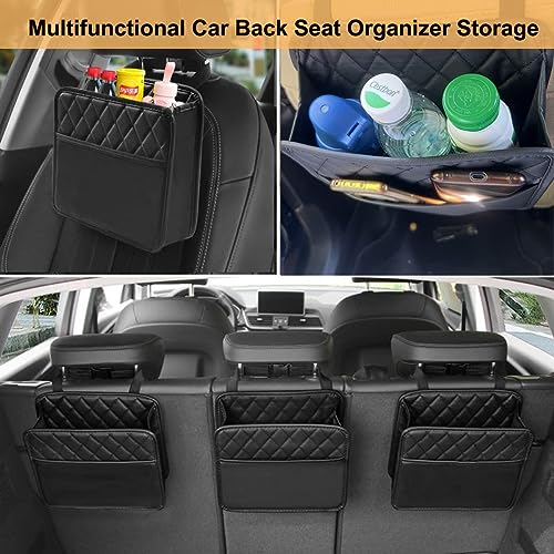 Image of Car Seat Back Organizer with Mesh Bottle Holder, Quilted Storage Pockets and Buckle Strap Attachment for Vehicle Seat Back or Trunk Storage