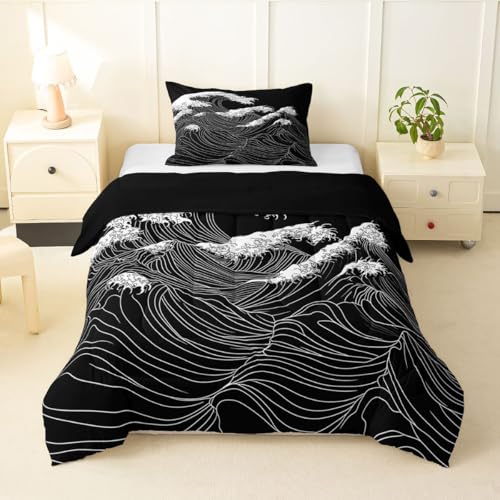 Erosebridal Japanese Comforter Set Twin Size Black Kanagawa Bedding Set for Kids Boys Girls Abstract Japan Ocean Waves Comforter Geometric Lines Quilt Bedroom Decor