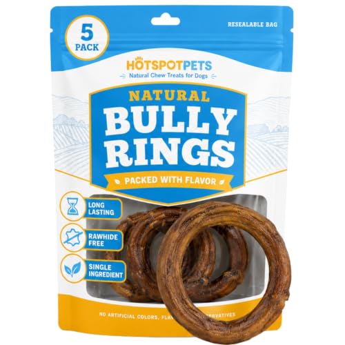 hotspot pets Bully Stick Rings for Dogs (5 Pack) 4 Inch Circles- Premium All Natural Long Lasting Beef Pizzle Dog Chew Treats - Low Odor Grain Free Fully Digestible Rawhide Alternative Chews