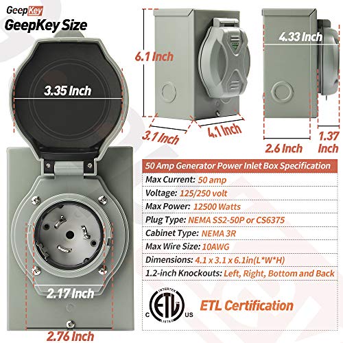 Geepkey Latest 50 Amp Generator Power Inlet Box, Nema 3R Generator Receptacle 50 Amp, Nema Ss 2-50P Pb50 Weatherproof Inlet Box, 125/250 Volt,12500 Watts Generator Transfer Switch, Etl Listed #TOP1