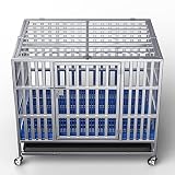 FoQualy Brand Foldable Stainless Steel Dog Cage on Lockable Wheels with Mat and Tray, Heavy Duty, In