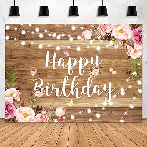 Aperturee 7x5ft Pink Floral Happy Birthday Backdrop Butterfly Wooden Floor Watercolor Flowers Girls Women Photography Background Banner Cake Table Supplies Party Decoration Photo Booth Props Banner