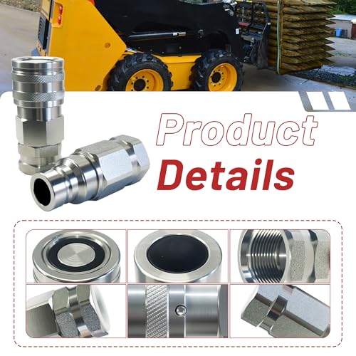 Image of Flat Face High Flow Skid Steer Hydraulic Quick Connect Couplers Set | 3 /4 inch Body x 1 inch SAE (1 15 /16-12 ORB) | 5076 PSI | ISO 16028 w /Dust Caps