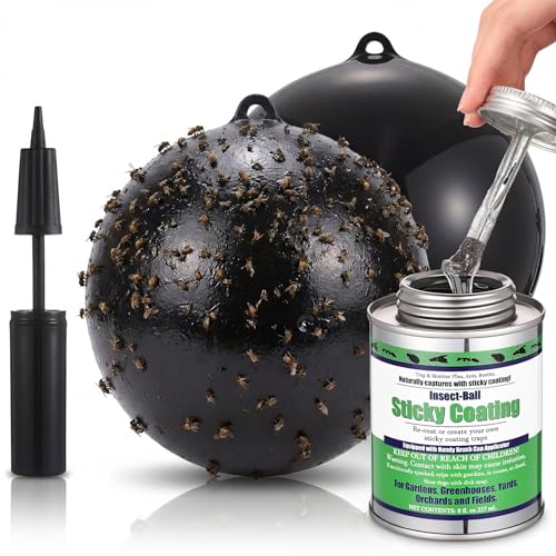 Mysora 2 Pcs Large Fly Trap Balls Hanging Fruit Fly Traps Outdoor Adhesive Insect Balls with a Sticky Coating Glue Air Pump Insect Catch Sticky Bug for Farm Orchard Deerflies Mosquito (Black)