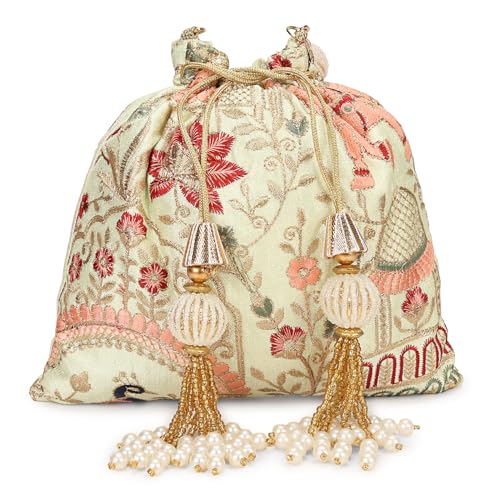 LONGING TO BUY Bolsa feminina Potli com bordado Golden Zari, bolsa Polti para casamento e noite Potli Clutch para uso étnico, Verde claro, L 8' X W 1' x H 9' Inch