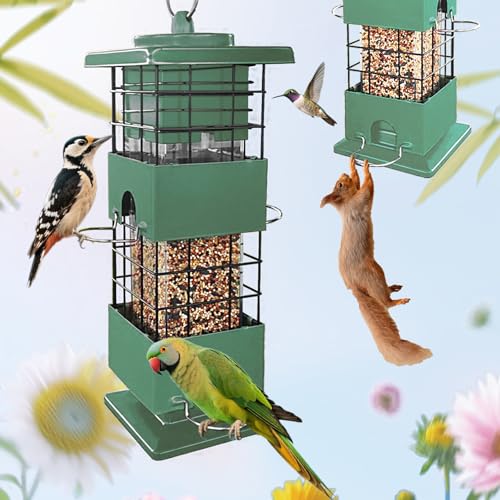 Squirrel Proof Bird Feeder,3Lbs Metal Birdfeeders Squirrel Proof with 4 Feeding Ports for Outside, Birds Seed Feeder for Outdoors, Cardinal, Finch, Sparrow (Green)