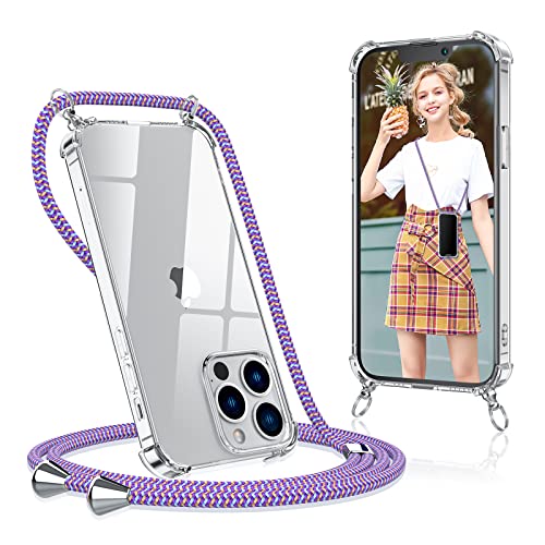 mixigoo Handykette Kompatibel mit iPhone 13 Pro Hülle mit Band, Transparent Smartphone Necklace Handyhülle mit Kordel Umhängenband, Stoßfest Handyhülle mit Kette zum umhängen in Schwarz -Violett Cover