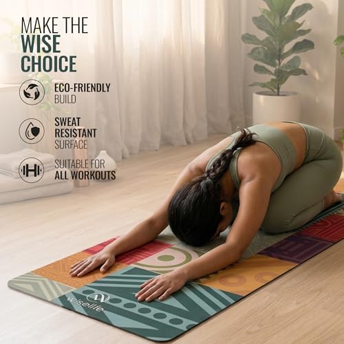 Image of Wiselife MicroFiber & Natural Rubber Yoga Mat + Carry Strap | 5MM | Extra Large Extra Wide | Anti skid Anti slip for Yoga & Workout (Bohemian Rug)