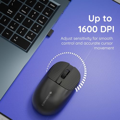 Image of Zebronics Freego Pro Wireless Mouse, 2.4GHz, Up to 1600 DPI, 3-Level DPI Switch, 4 Buttons, USB Nano Receiver, High Precision, Power Saving Mode, Ergonomic Design, Multi-Surface Support (Black)