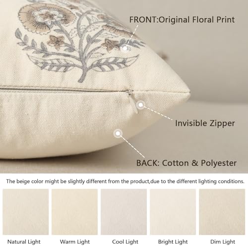Image of YCOLL Vintage Floral Print Pillow Covers 22x22 Set of 2 Patterned Accent Decorative Cushion Covers Modern Farmhouse Throw Pillow Covers for Sofa Couch Chair Bed Living Room Home Decor, Light Brown