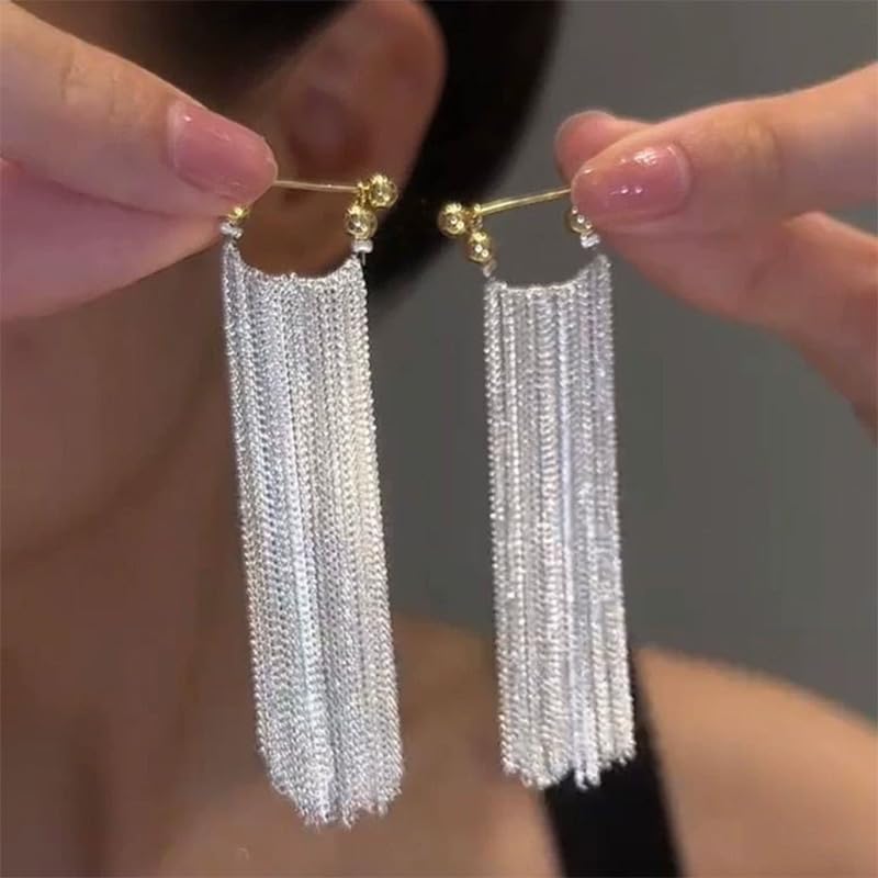 Silver Long Chandelier Earrings for Women Dangling Silver Dangle Tassel Fringe Statement Hanging Earring Elegant Formal Prom Jewelry - Image 6