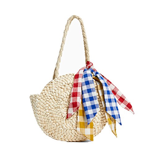 cheerfulus Bolso de Playa de Paja Tejido Redondo de Verano Bolso de Viaje de Doble finalidad Bolso de Crossbody con Bufanda para Mujer