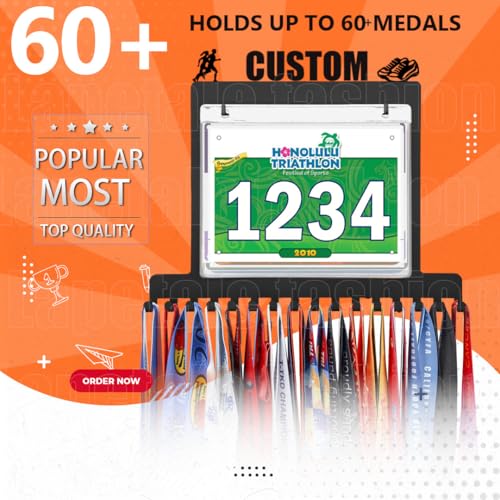 Image of Personalized Medal Holder with Name Display Rack for Awards Ribbons - Metal Custom Sports Race Plaques Hanger for Wall Mount Hold Up 63 Medal Hanger Display for Athlete Boy Girl Kid