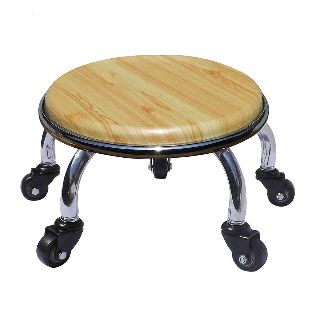 SnamicE Steel Pipe Frame Small Round Bench with Swivel Casters, Solid Wood Smooth Seat Portable Low Housework Stools for Kitchen,A,A