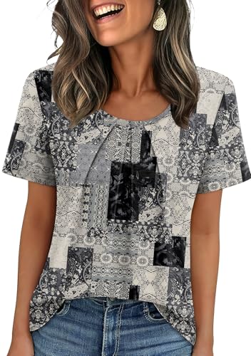 Image of WIHOLL Women T Shirts Pleated Short Sleeve Tops Business Casual Dressy Blouses