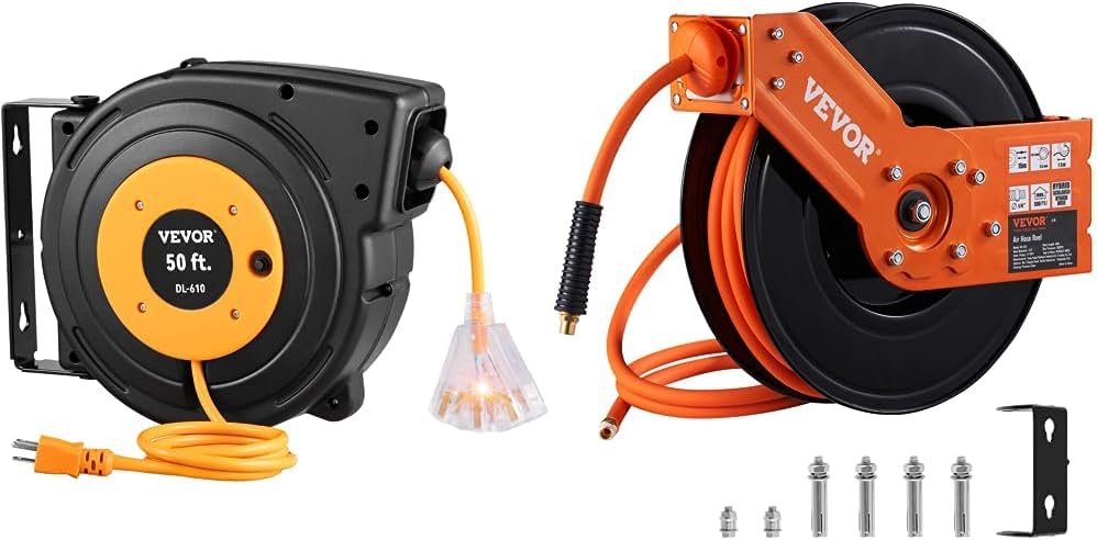 VEVOR Retractable Extension Cord Reel 50 FT with Triple Tap Outlet and VEVOR Retractable Air Hose Reel, 3/8 IN x 50 FT Hybrid Air Hose