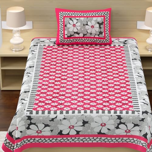 Image of RajasthaniKart Pure 100% Cotton Single Bed Sheet with 1 Pillow Cover (Bedsheet for Single Bed Cotton, Pink Floral)