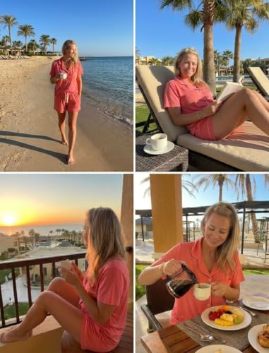 Image of Pjmlifecoco Women's Modal Pajama Set Short Sleeve Button Down Two Piece Soft Sleepwear with Shorts Loungewear S-XXL