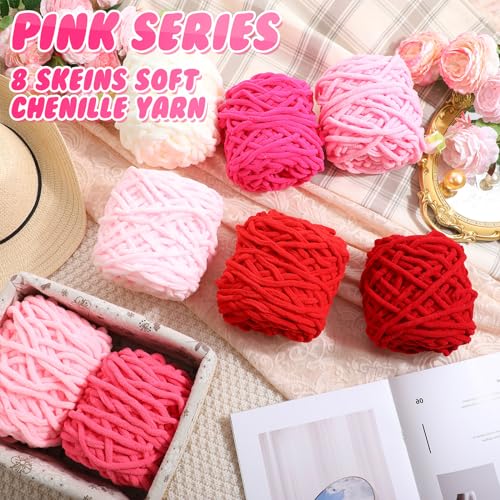 Image of Buryeah 8 Pack Chunky Chenille Yarn for Crocheting Soft Thick Fluffy Yarn for Hand Knitting Bulky Velvet Blanket Plush for Weaving DIY Crafts Each 3.5 oz 55 Yards (Pink Series)