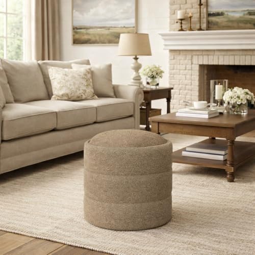 Image of HomePop 18 inch Storage Round Ottoman - Brown Boucle