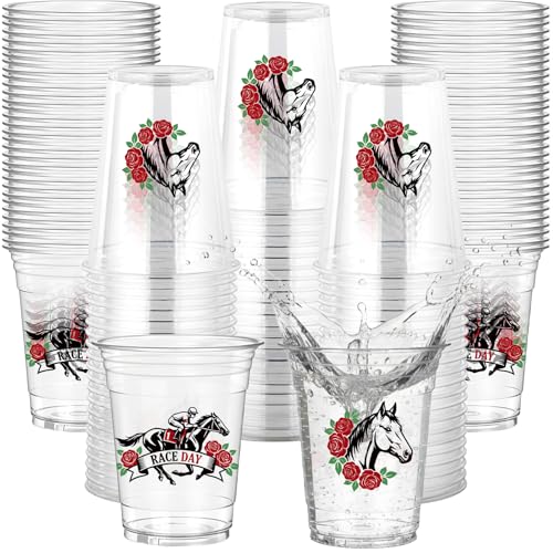 50 Pcs Horse Race Plastic Cups 12 oz Clear PET Derbby Day Beverage Cups 2 Artistic Equestrian Designs Disposable Party Drinkware for Racing Decorations
