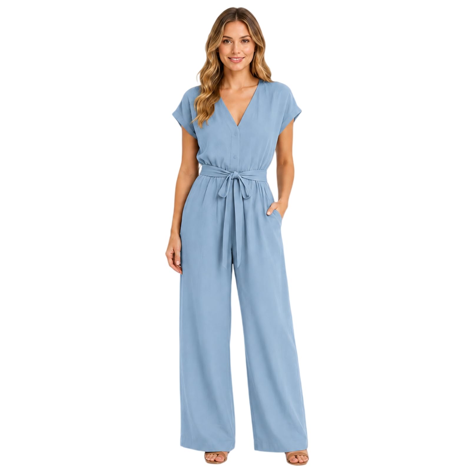 Combinaison pour femme avec col en V, manches courtes, jambes larges