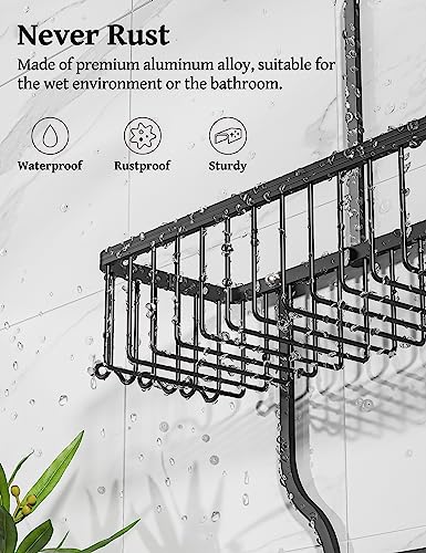 YASONIC Shower Caddy Hanging - Never Rust Shower Organizer - Aluminum over The shower head caddy with 10 Hooks for Razor/Sponge - Shower Rack with Soap Basket - Black