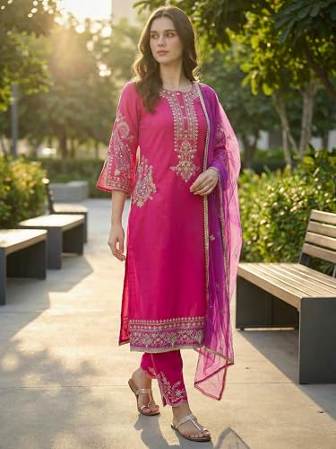 Image of INDO ERA Women's Silk Blend Embroidered Straight Kurta Pant with Dupatta