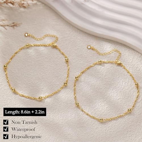 Image of FUNEIA Gold Silver Ankle Bracelets for Women Waterproof 14K Gold Plated Anklets for Women Non Tarnish Dainty Layered Beaded Heart Anklet Set Summer Beach Foot Chain Jewelry Gifts Trendy Stuff