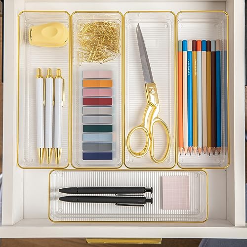 Image of Martha Stewart Kerry Plastic Stackable Office Desk Drawer Organizers, 12 inch x 3 inch, 6 Pack, with Gold Trim