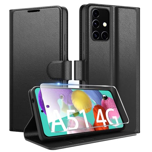 Coiwxmoi für Samsung Galaxy A51 4G Hülle Mit 1 Stück Panzer Schutz Glas Premium PU Leder Handyhülle Standfunktion Schutzhülle Kartenfach Stoßfeste Klapphülle Flip Case Cover Schwarz