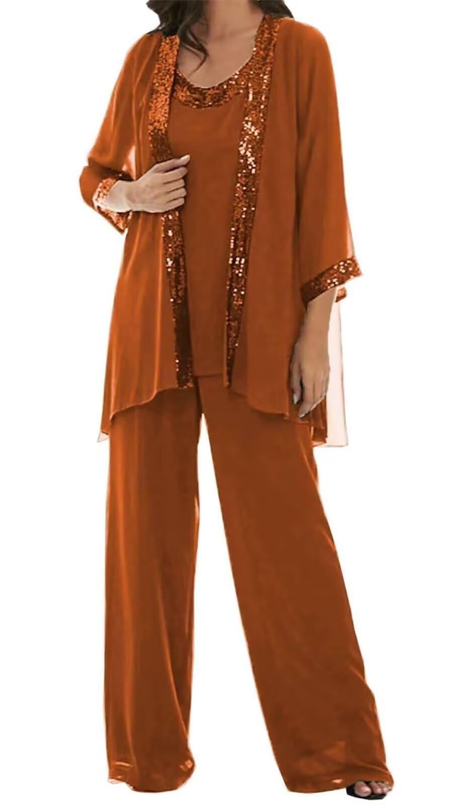 3 Piece Plus Size Mother of The Bride Pant Suits for Women Dressy Wedding Guest Chiffon Sequin Formal