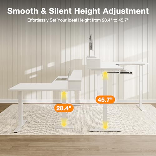 Image of Casaottima 59 Inch Electric L-Shaped Standing Desk with Drawers, Height Adjustable Stand Up Corner Desk with Monitor Stand & Keyboard Tray, Lift Table for Home Office, Workstation, White