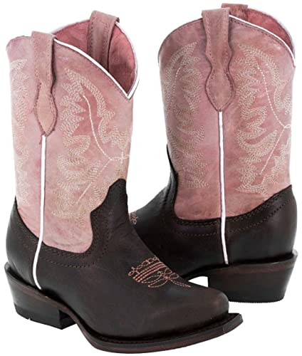 Girls Kids Pink Dark Brown Stitched Leather Cowgirl Boots Snip Toe2