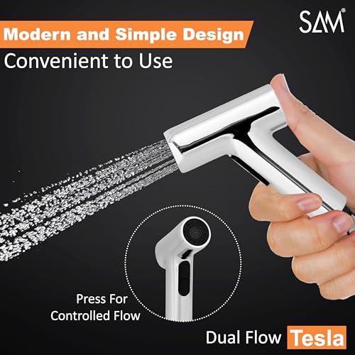 Image of SAM Tesla Health Faucet Set Dual Flow Water Saving Health Faucet 1 Meter Flexible Hose and Wall Mount for Toilet | Jet Spray