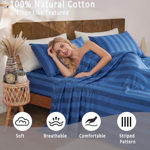 Image of Merryword 100% Cotton Sheet Set Queen Size - Blue and Navy Stripes Bedding, Soft Breathable Percale Weave, Wide Stripe Deep Pocket Sheet 17.5 inch, Luxury Linen Like, 4-Piece All Season Bedding