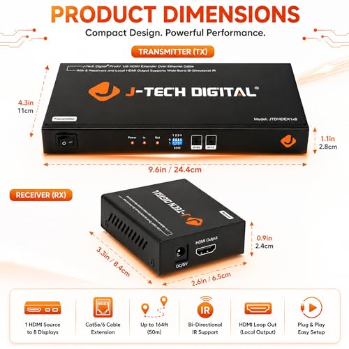 J-Tech Digital ProAV 1X8 HDMI Extender HDMI Amplifier HDMI Splitter Over Ethernet Cable with Bi-Direction IR and EDID Functions (1x8) by J-Tech Digital - Image 5