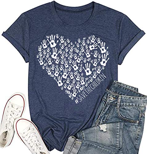 Qbily Women's Fight Human Trafficking Graphic Tees Casual Save The Children T-Shirts Tops (Navy, L)