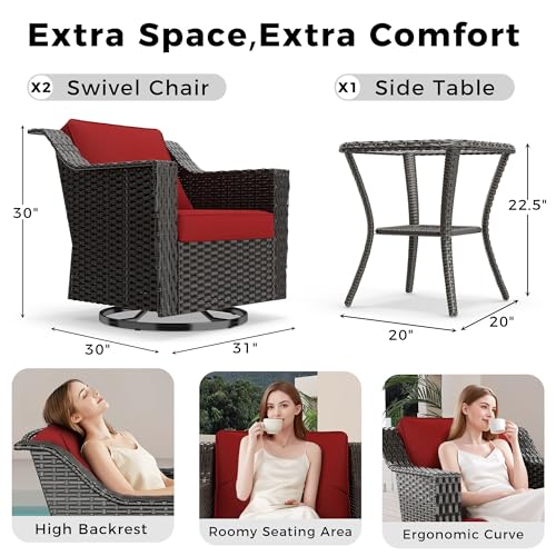 Image of 3 Piece Patio Furniture Set, Wicker Outdoor Conversation Set | Patio Chair Set with Olefin Removable Cushion, All-Weather Glider Swivel Chair Set with Deep Seat for Porch, Deck, Red