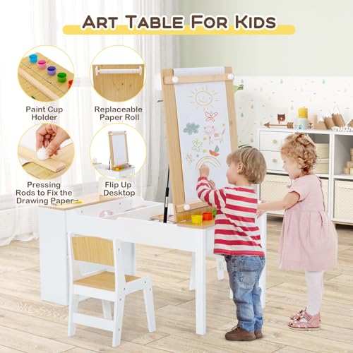 Costzon-3-in-1-Kids-Table-and-Chair-Set-Wood-Art-Table-Easel-Set-with-2-Chairs-6-Storage-Bins-Paper-Roller-Paint-Cups-for-Draw-Write-Play-Arts-Crafts-Toddler-Table-and-Chair-Set-Natural Costzon 3 in 1 Kids Table and Chair Set Wood Art Table Easel Set with 2 Chairs 6 Storage Bins Paper Roller Paint Cups for Draw Write Play Arts Crafts Toddler Table and Chair Set Natural