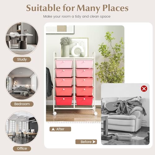 Image of LDAILY 10 Drawer Rolling Cart, Storage Cart Organizer on Wheels, Drawer Cart with Metal Frame & Large Storage Capacity, Rolling Cart with Drawers for Living Room Classroom, Office