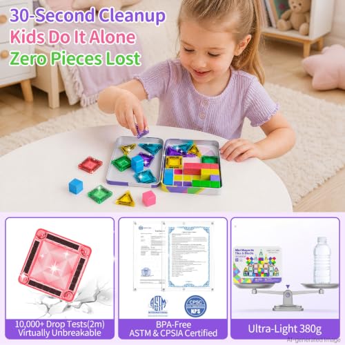 Image of Travel Magnetic Tiles Building Set STEM Educational Building Toys | 48 PCS Transparent 3D Magnetic Blocks with Construction Board for Boys & Girls Ages 3-8 (3 in 1 Compatible)