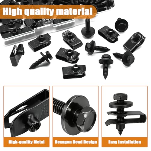 Image of mankk 50PCS 1 /4 U-Nut Clips and Fender Bolts Kit Automotive Body Fasteners | U-shaped nut clamps fit engine cover, splash shield, universal vehicle replacement body clips