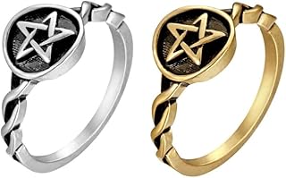 Pentagrams Retro Ring Witch Wicca Pagan Witchcraft Ancient Gold/Ancient Silver Ring Minimalist Seal Ring Gold Size 7 Simple and Sophisticated Design