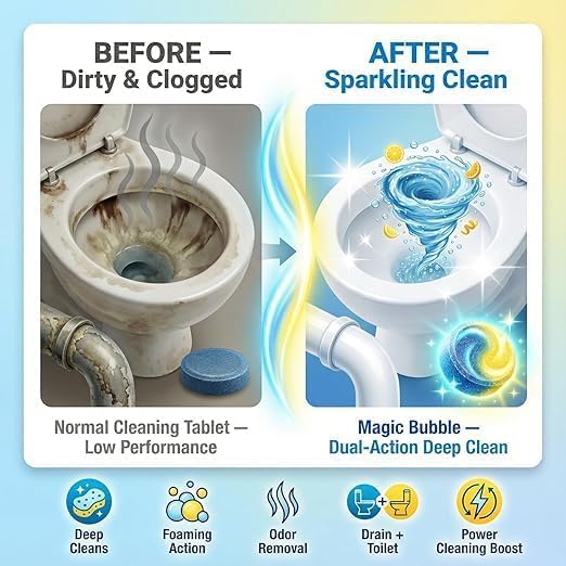 Image of Magic Bubble Dual-Action Toilet & Drain Cleaning Tablets (24 Tablets) | Foaming Deep Clean Toilet Bowl Cleaner | Removes Stains, Odors & Limescale | Drain Unclogging Tablets for Bathroom (Pack of 1)