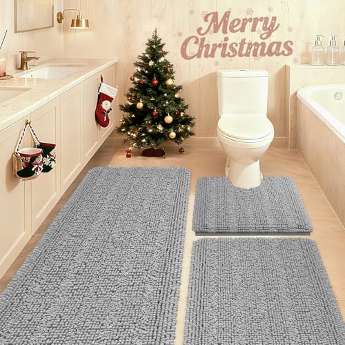 ACCUMTEK Striped Light Grey Bathroom Rug Set 3 Pieces Gray Ultra Soft, Non Slip Chenille Toilet Mat,...
