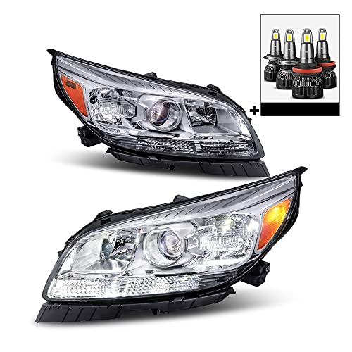 MOSTPLUS Headlight Assembly Compatible with Chevy Malibu 2013 2014 2015 Halogen-Chrome Housing Front Lights with LED High/Low Bulb Pair (Set of 2)