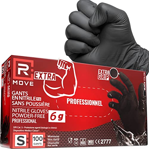 100 Gants S NOIR Nitrile 6 grammes EXTRA RESISTANTS, 60% plus épais au doigt que 3,5 gr, SANS poudre, SANS latex, pour Mécaniciens, Tatoueurs, Esthéticiennes, Restauration, Gants de travail jetables